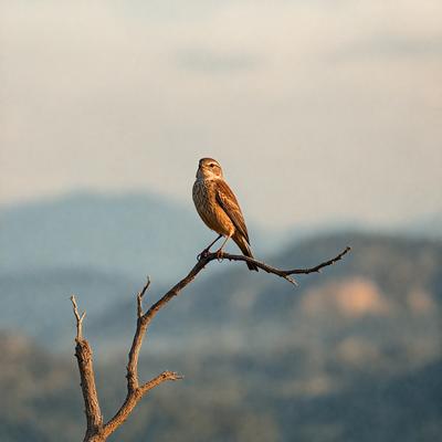 The primary subject of the image is a small bird perched on a thin tree branch. The bird is the focal point of the scene, and it appears to be looking at the camera. The setting is a mountainous area, with the bird sitting on a branch in front of a mountain range. The visual style of the image is a photo, capturing the bird in its natural habitat. The colors in the image are predominantly shades of brown and green, creating a natural and serene atmosphere.